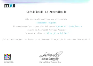Certificate: Windows 8 - Vista Previa
